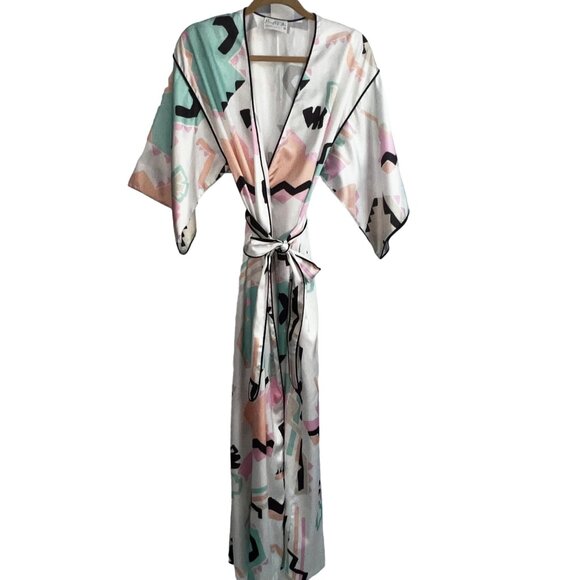 Mary McFadden Collection I Silky Kimono Robe Geometric Abstract Print Satin S - Picture 9 of 15